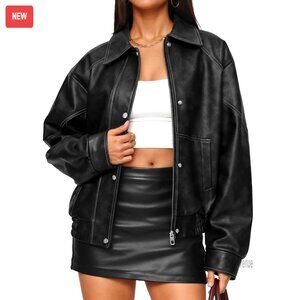 Oversized Faux Leather Motorcycle Jacket Bomber Coat Women's Winter